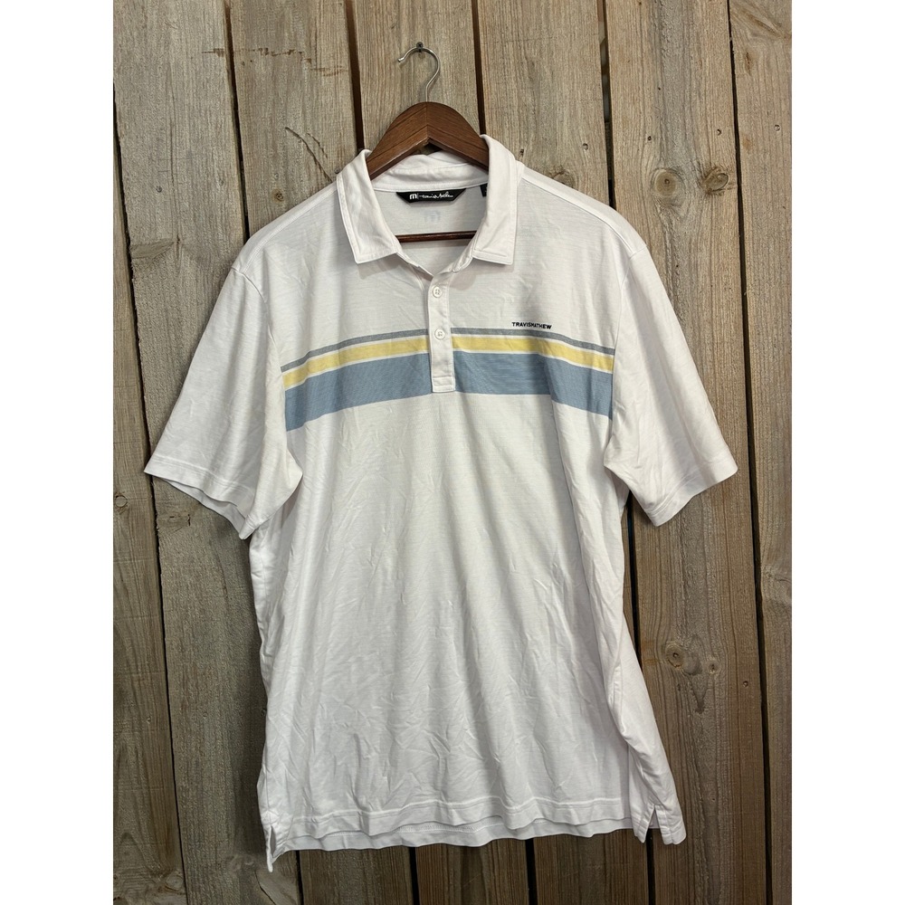 TravisMathew Mens XL White Striped Pima Cotton Blend Golf Polo Shirt 1MX125